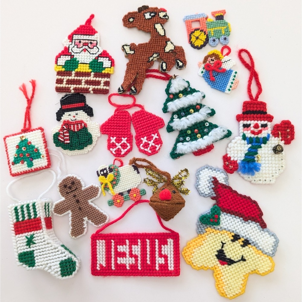 Vintage Christmas Plastic Canvas Yarn Needlepoint Ornaments Variety Lot of 15